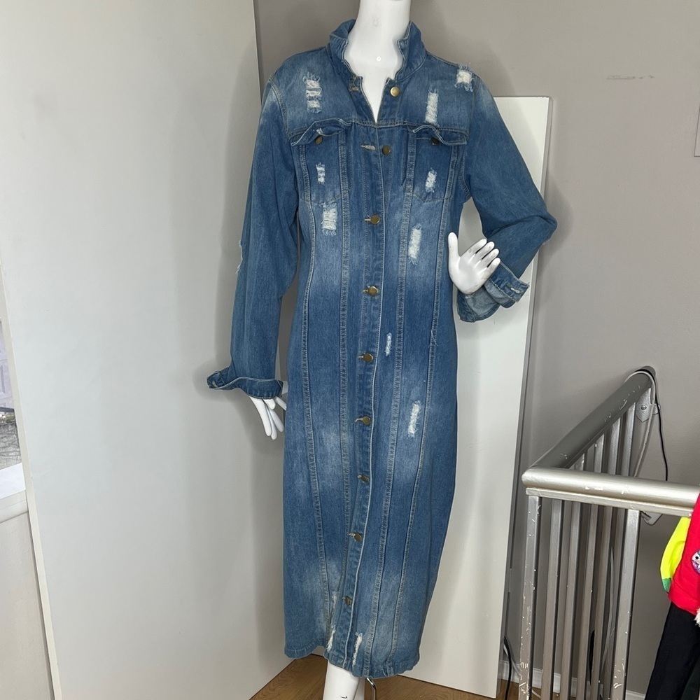 Women’s Sz 8-10 Long Distressed Denim Dress Trench Coat
